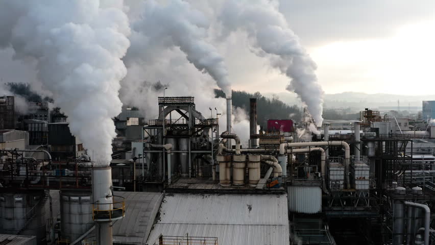Industrial factory emitting thick white smoke from multiple chimneys, symbolizing pollution