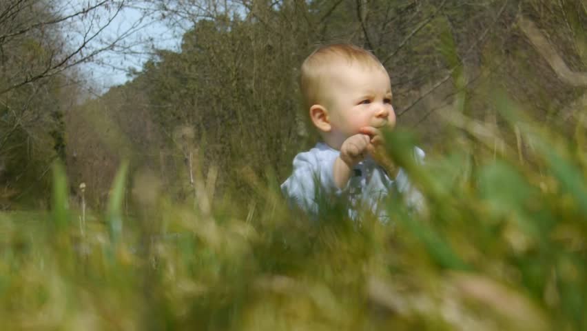 HD1080 7 Month old Baby sitting on the grass in nature
