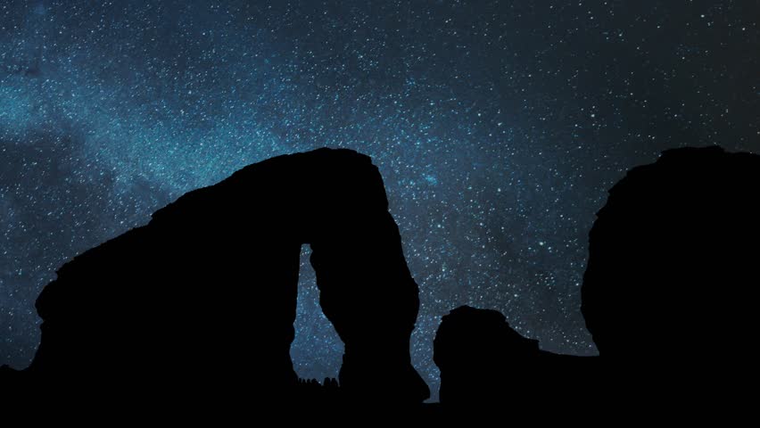 Monolith Elephant rock, Al Ula, Saudi Arabi, Time Lapse by Night with Stars and Milky Way in Background