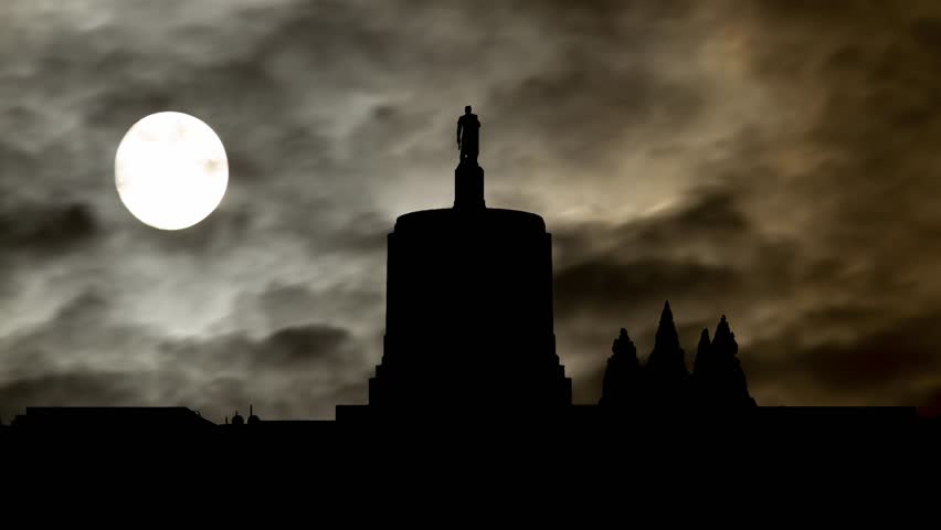 The Oregon State Capitol building by Night with Dark Atmosphere, Fog, Smoke, and Full Moon, Salem, USA
