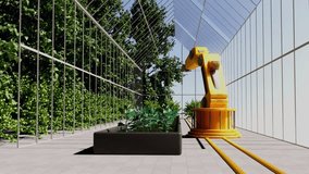 A robot is standing in front of a plant in a greenhouse. The robot is yellow and he is a machine designed to help with plant care. The greenhouse is filled with greenery - Powered by Shutterstock - Get 15% off with code: PIKWIZARD15