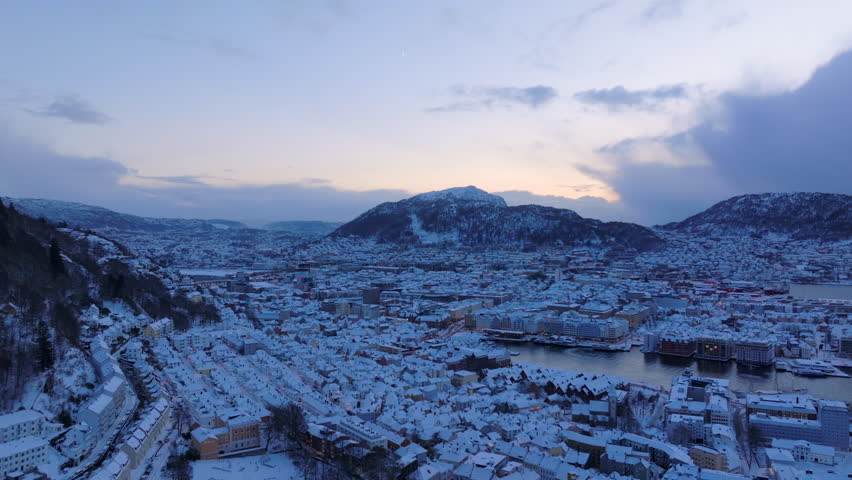 Downtown Bergen filled with snow on a beautiful winter day