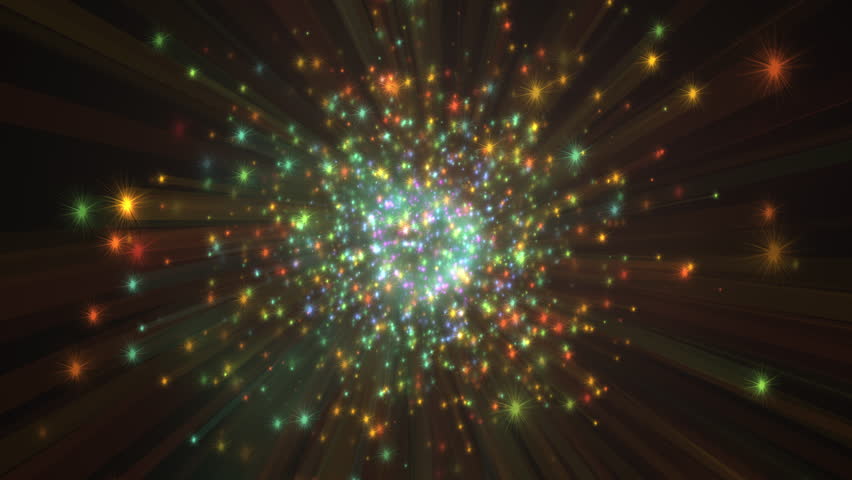 Colorful Light Burst Shining Particles in a Cosmic Scene. A dynamic burst of vibrant, multicolored lights emanating outward, creating a cosmic and energetic glow, symbolizing creativity and festivity.