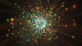 Colorful Light Burst Shining Particles in a Cosmic Scene. A dynamic burst of vibrant, multicolored lights emanating outward, creating a cosmic and energetic glow, symbolizing creativity and festivity. - Powered by Shutterstock - Get 15% off with code: PIKWIZARD15