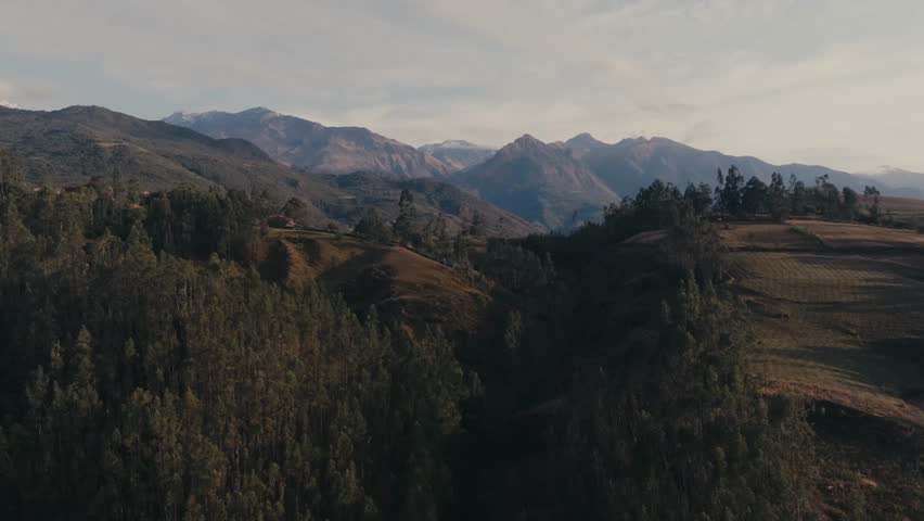 Sloping Mountains Over Andes Highlands Near Lima, Peru. Aerial Wide Shot