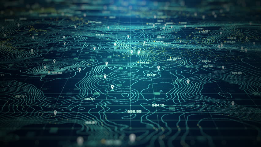 High-tech digital topographic map with glowing data points, GPS markers, and geospatial analytics. Technology big data, and geospatial concepts. Future abstract background 4k