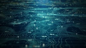 High-tech digital topographic map with glowing data points, GPS markers, and geospatial analytics. Technology big data, and geospatial concepts. Future abstract background 4k - Powered by Shutterstock - Get 15% off with code: PIKWIZARD15