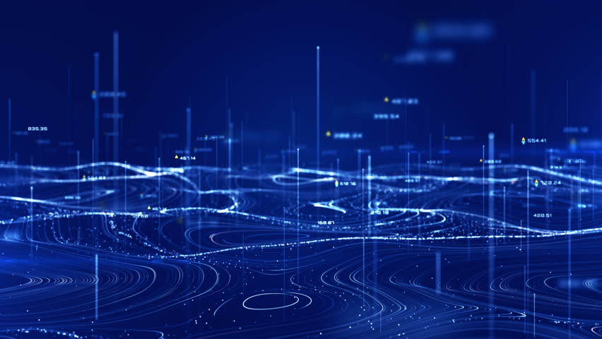 Abstract 3D digital topographic map with glowing data points and futuristic data analytics. Technology big data and geospatial concepts. Background 4k