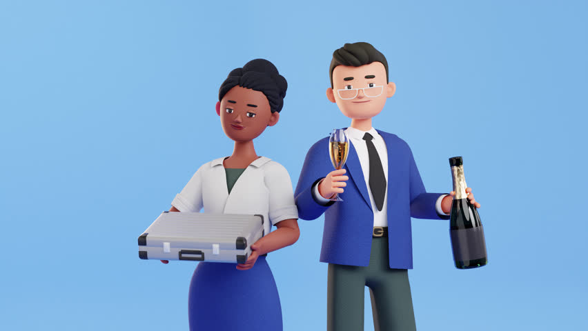 Businessman and woman characters celebrating success. Briefcase filled with stacks of money, man with champagne bottle and glass of sparkling wine, raising a toast. 3d render loop animation