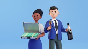 Businessman and woman characters celebrating success. Briefcase filled with stacks of money, man with champagne bottle and glass of sparkling wine, raising a toast. 3d render loop animation - Powered by Shutterstock - Get 15% off with code: PIKWIZARD15