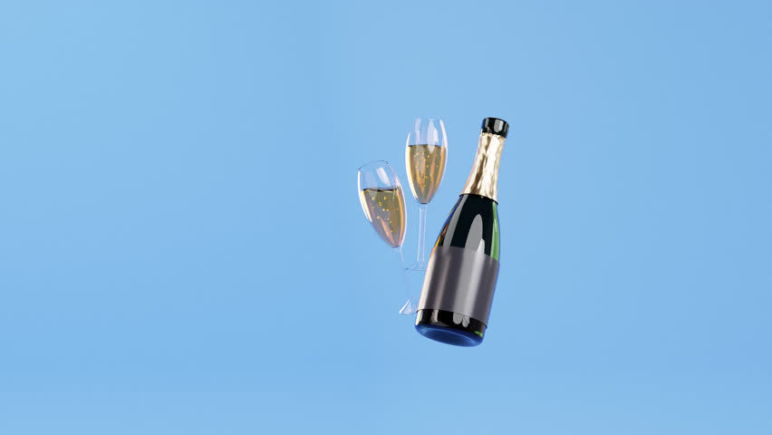 Bottle of champagne and glasses filled with sparkling wine. 3D-rendered looped animation. A celebration concept, an alcoholic beverage for birthdays, Christmas, New Year, weddings, or any holiday
