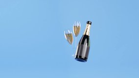 Bottle of champagne and glasses filled with sparkling wine. 3D-rendered looped animation. A celebration concept, an alcoholic beverage for birthdays, Christmas, New Year, weddings, or any holiday - Powered by Shutterstock - Get 15% off with code: PIKWIZARD15