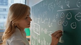 School teacher solving math equations on blackboard with chalk closeup. Focused woman writing formulas on chalkboard classroom. Professional female educator teaching algebra unknown college students - Powered by Shutterstock - Get 15% off with code: PIKWIZARD15