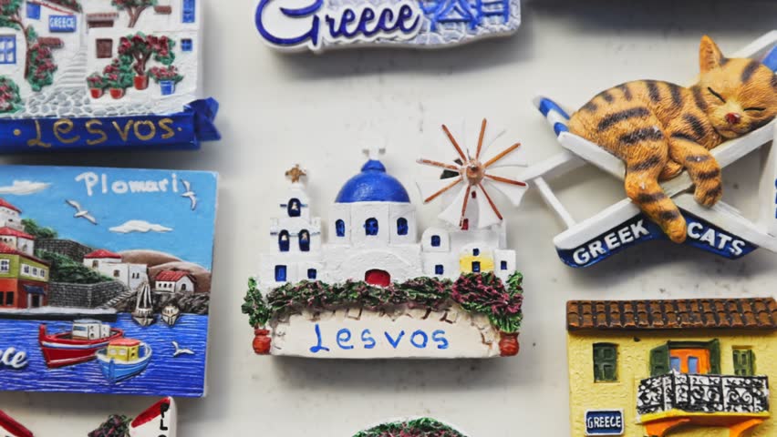 A Greek souvenir shop in Lesvos, with a variety of local magnets.