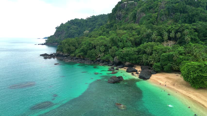 Aerial backwards circular view over Banana beach at Prince Island,São Tomé e Principe,Africa