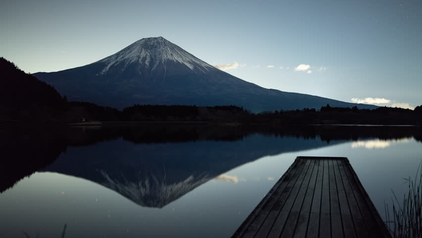Mt. Fuji over a Jetty Reflected in a Lake at Night (Timelapse): Shot at Lake Tanuki, Fujinomiya City, Shizuoka Prefecture