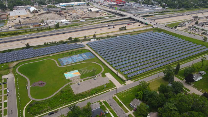 High altitude view of Solar Farm Located in Plymouth neighborhood of Detroit Michigan, USA near I-96