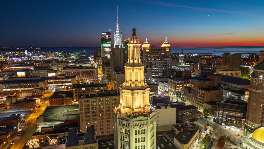 Buffalo, New York, USA downtown city skyline at golden hour.