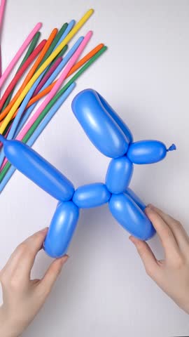 Hands showing a toy dog ​​made from a long blue ball, top view