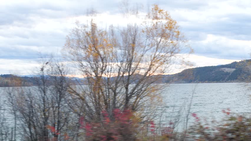 Slow Motion Panorama of Lake Horizon in Fall-Autumn Season. Cycling Biking POV. Quiet Nature Scene. Calming Serene Outdoors. Rail Trail - Wood Lake, Oyama, BC.