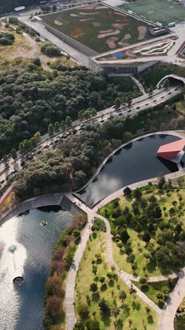 Aerial vertical shot of Parque La Mexicana in Santa Fe, Mexico City