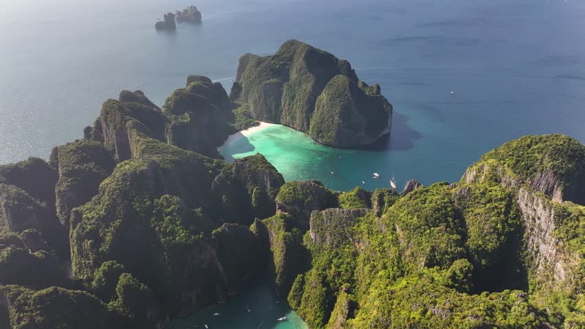 Paradise tropical island in Thailand - birds eye. Koh Phi Phi Lee, natural wonder, tourist attraction.