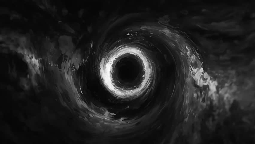 Abstract digital illustration of a black hole with dramatic black and white energy vortex effect, depicting the force of gravity in the universe. Amazing futuristic space concept.