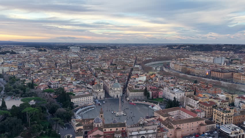 4k Aerial view of Piazza del Popolo in Rome, Italy. Aerial view of the historic center of Rome at sunrise