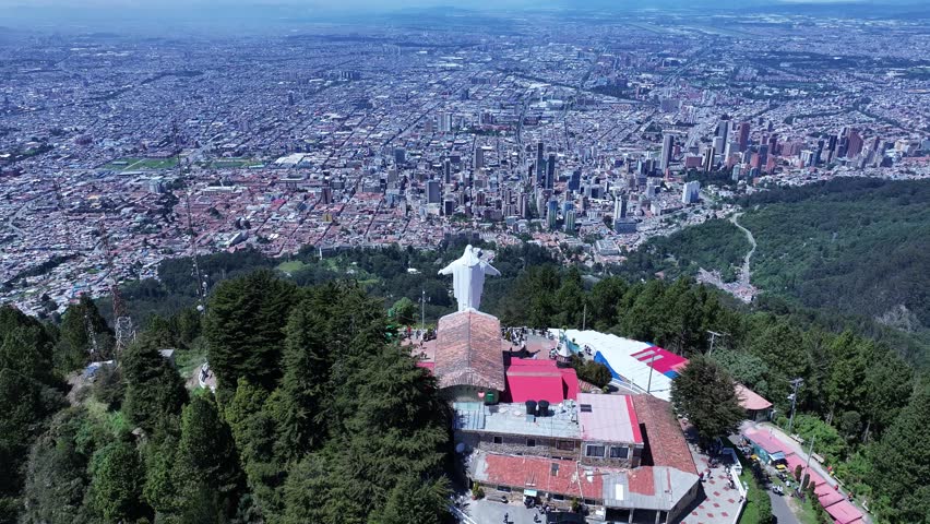 Virgen De Guadalupe Sanctuary At Bogota In Cundinamarca Colombia. Virgin Of Guadalupe Landscape. Religion Background. Bogota At Cundinamarca Colombia. Church Aerial View. Landmark Statue.