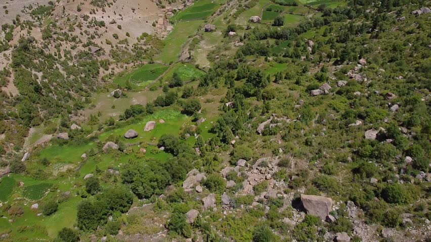 Aerial view of the cultivated plots and green areas in Skardu Valley, surrounded by rocky mountains, a picturesque landscape in Pakistan