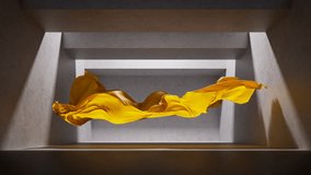 3D animation. Minimalist surreal fashion background with yellow silk drape waving inside the concrete room illuminated by contrast daylight. A delicate piece of fabric floating in the air - Powered by Shutterstock - Get 15% off with code: PIKWIZARD15