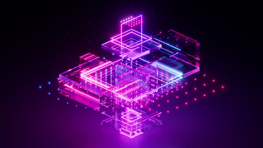 cycled 3d animation. Glowing parts of neon virtual blueprint move and rotate. Abstract geometric background. Pink blue neon linear scheme. Cybernetic computer technology