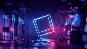 An abstract looping 3D background. Geometric motion design. A linear cube glows with neon light, spins, and rotates inside a futuristic virtual space in shades of ultraviolet - Powered by Shutterstock - Get 15% off with code: PIKWIZARD15
