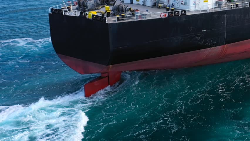 Stern of a large cargo ship or tanker navigating through open sea. Ship's rudder is visible, creating white foam and wake water as it moves. Deck equipped with industrial equipment, including winches
