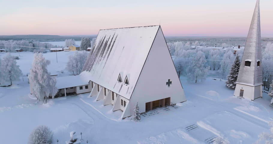 Aerial view around the church of Salla , winter sunset in Lapland, Finland