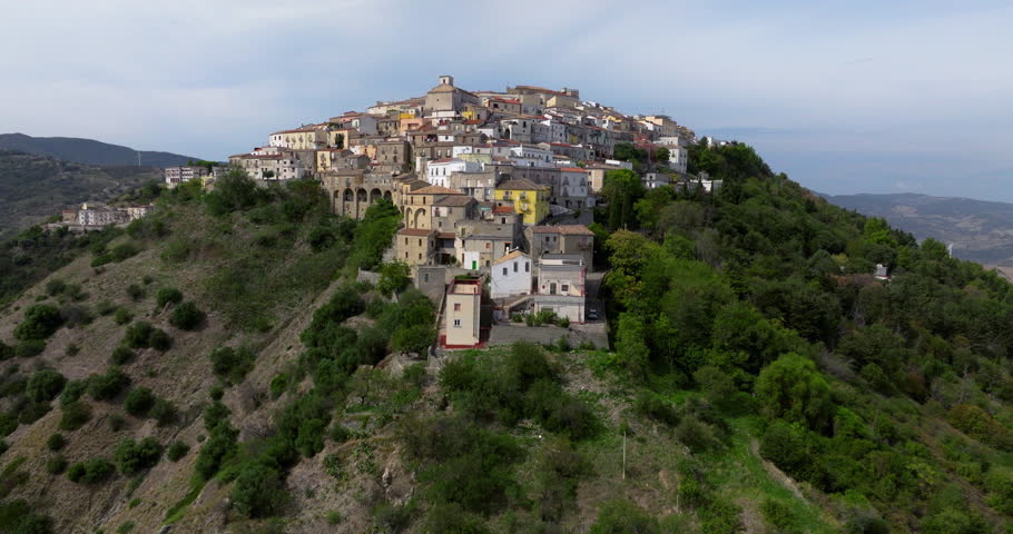 Flying Towards The Houses At Rotondella In Daytime In Basilicata, Italy. - aerial forwards shot