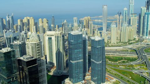 Aerial view of Architectural designed buildings, Jumeirah Lake Towers, Dubai, UAE,