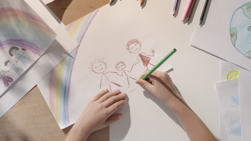 Drawing depicts cheerful and united family, child's perception of happy childhood and ideal family, top view. Blissful family under vibrant rainbow, happy and peaceful home. Child emotions, divorce