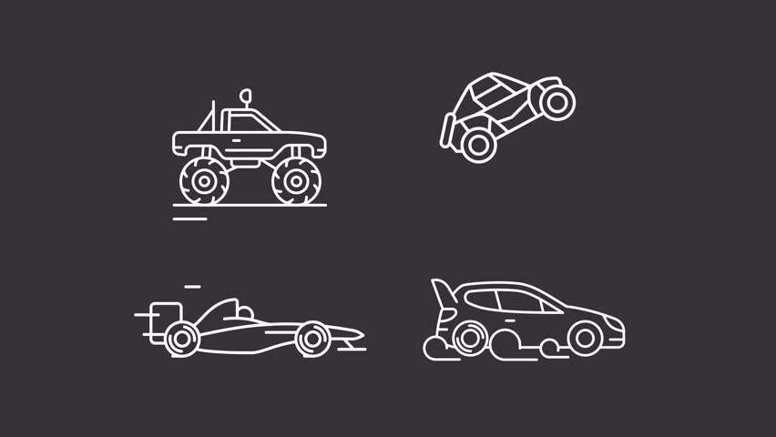 Animated extreme autosport white icons. Racing cars line animation library. Rally competition. Isolated illustrations on dark background. Transition alpha. HD video. Icon pack
