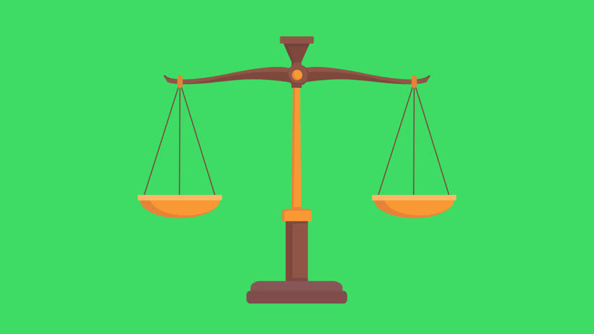 Traditional weight scale balance animation or justice law scale symbol on green screen background