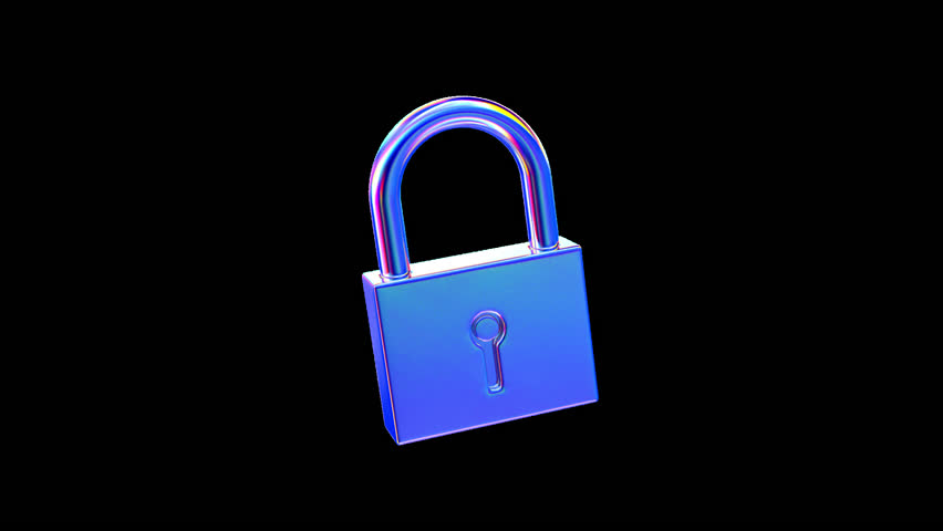Iridescent Glossy Futuristic 3D Padlock Security object Loop on Transparent Alpha Channel Background. 3D Illustration