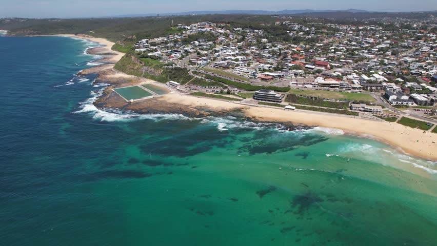 Merewether Ocean Baths With Beach In New South Wales, Australia - Aerial Drone Shot