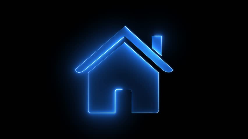 Neon home icon on black background.
