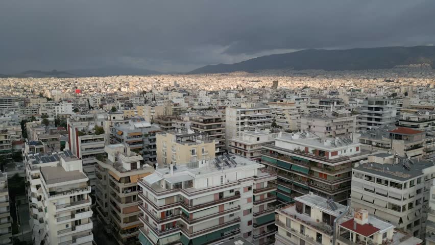 Athens Under Stormy Skies – Aerial Cityscape