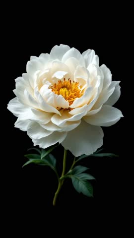 A stunning timelapse video of a white flower blooming against a black background. The petals slowly unfurl, revealing the delicate beauty of nature in mesmerizing motion