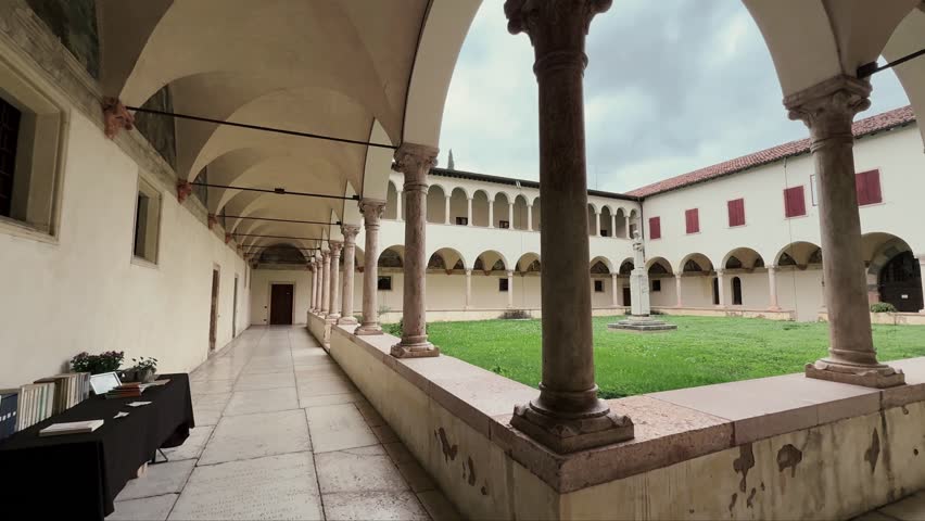 Panning shot of courtyard of Convento di San Bernardino in Verona in Italy