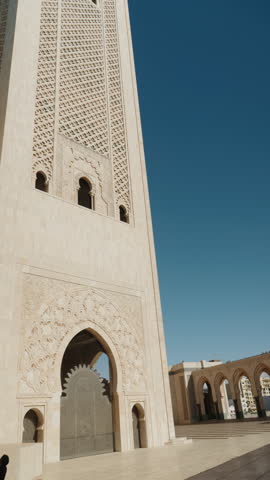 Hassan II Mosque in Casablanca, Morocco. The mosque is the largest in Morocco and the 13th largest in the world. It stands on a promontory looking out to the Atlantic Ocean.