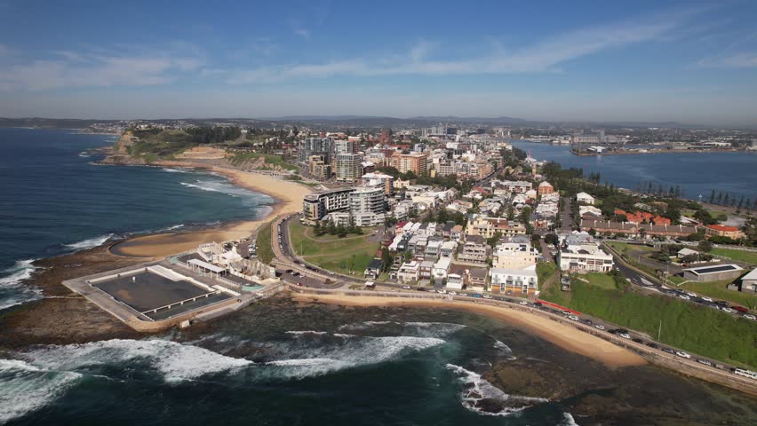 Newcastle Ocean Baths, Beach And Cityscape In Newcastle, New South Wales, Australia - Aerial Shot