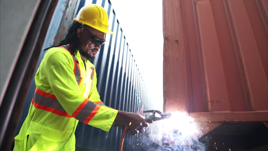 Technicians inspect container repairs by welding at container manufacturing and storage facility