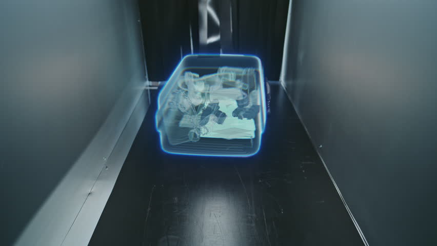 Baggage Screening: Advanced Metal Detector Scanner. VFX Animation Visualizing Inside the Suitcases Moving on Conveyor Belt Illuminated by X-ray Scanning. Futuristic High-Tech Airport Security System.